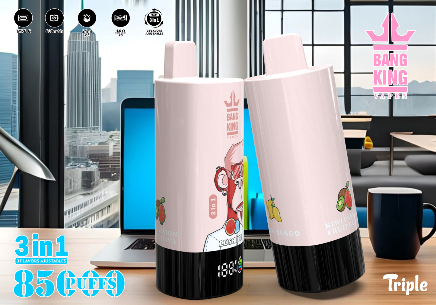 Puff Bang King 85000 Bouffees Triple Gout Vape Jetable with Rechargeable Batterie