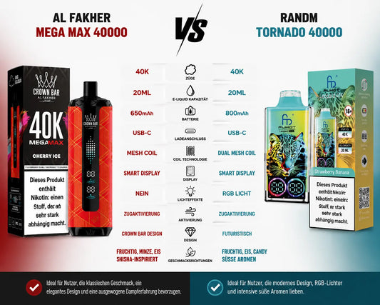 Al Fakher Mega Max 40000 vs RandM Tornado 40000 : quel vape jetable haute capacité choisir ?