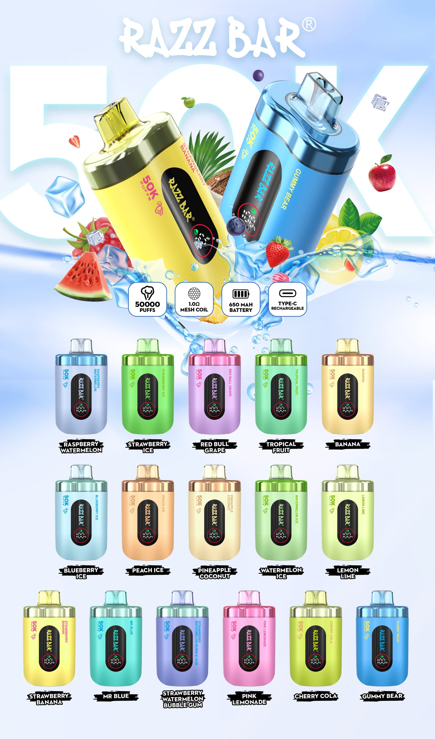 650 mAh rechargeable Puff Razz Bar 50K Taff